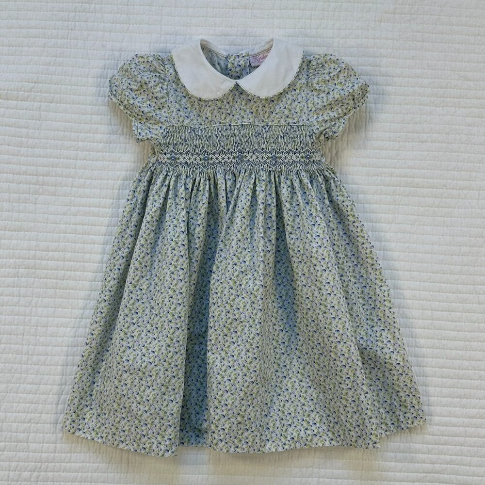 Sophie Dess Creations Paris Floral Smocked Dress 18M Blue Green Peter Pan Collar